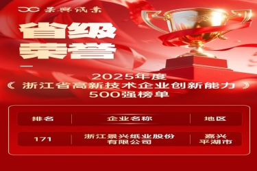省级荣誉+1！888集团纸业上榜浙江省高新企业创新能力500强